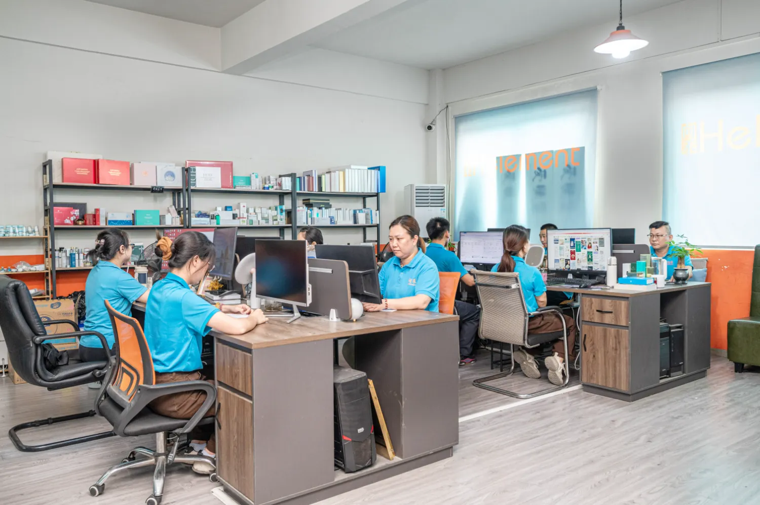 Helement office team working at computers in the business room
