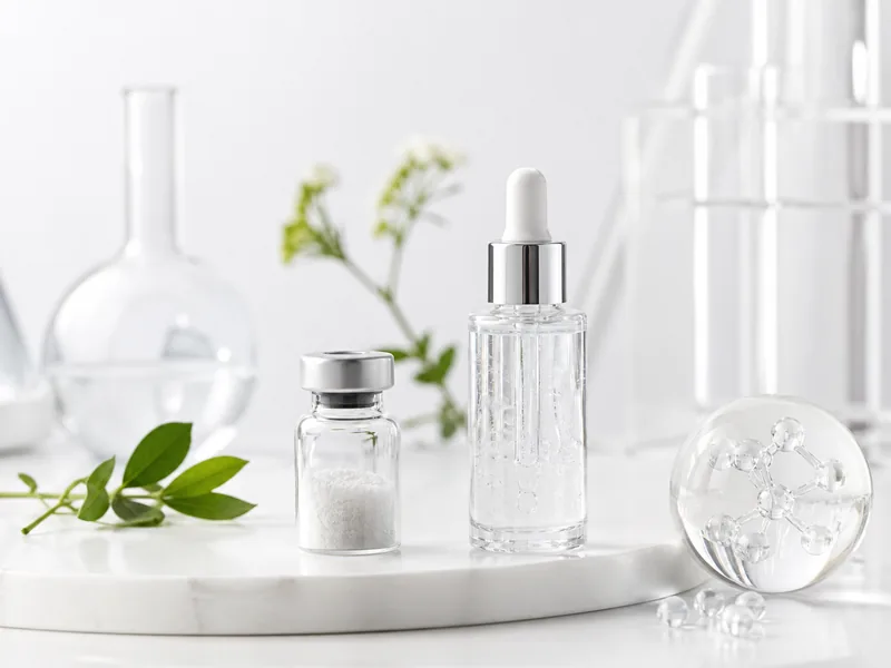 Freeze-dried peptide acne repair vial and serum in a sterile laboratory scene