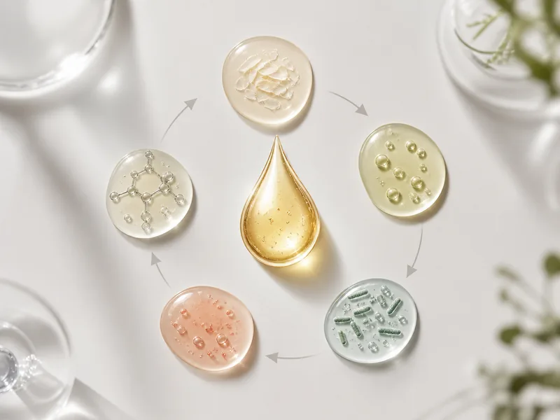 Five-stage acne treatment cycle represented by clinical serum droplets