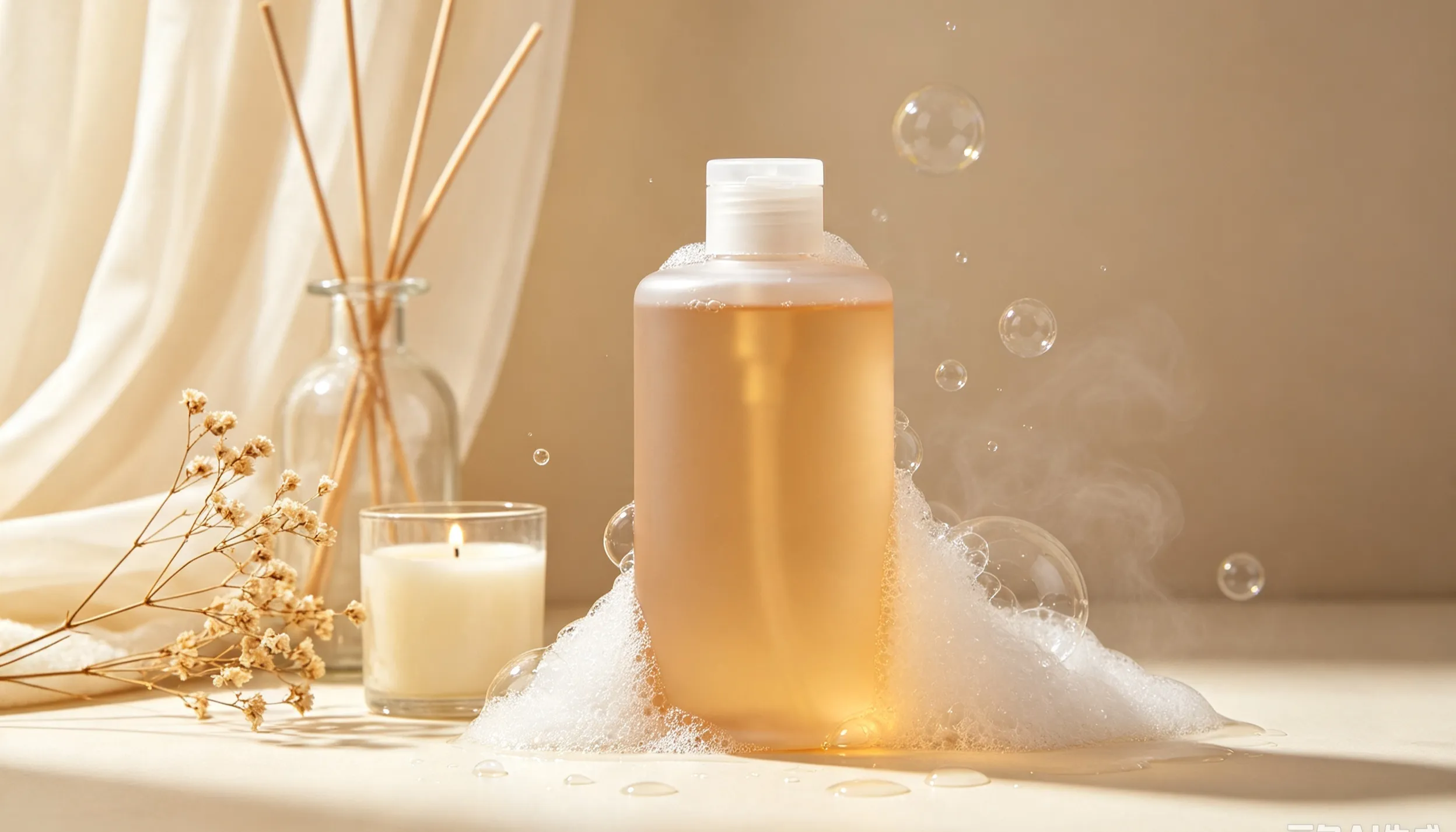 A bottle of golden body wash surrounded by foam and bubbles, with a candle and reed diffuser in the background.