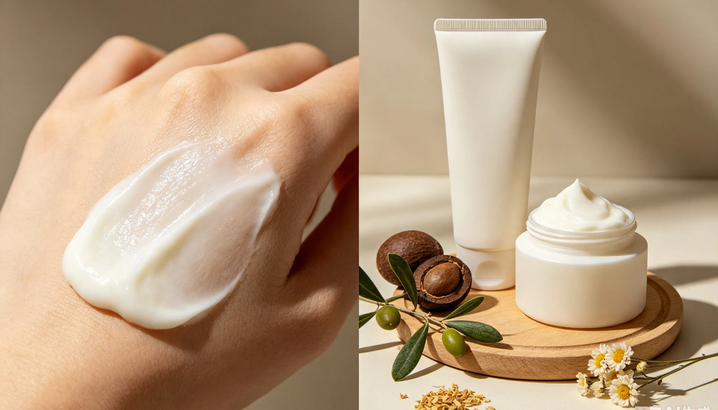 Split image showing body wash texture on a hand and white skincare packaging with nuts and flowers.