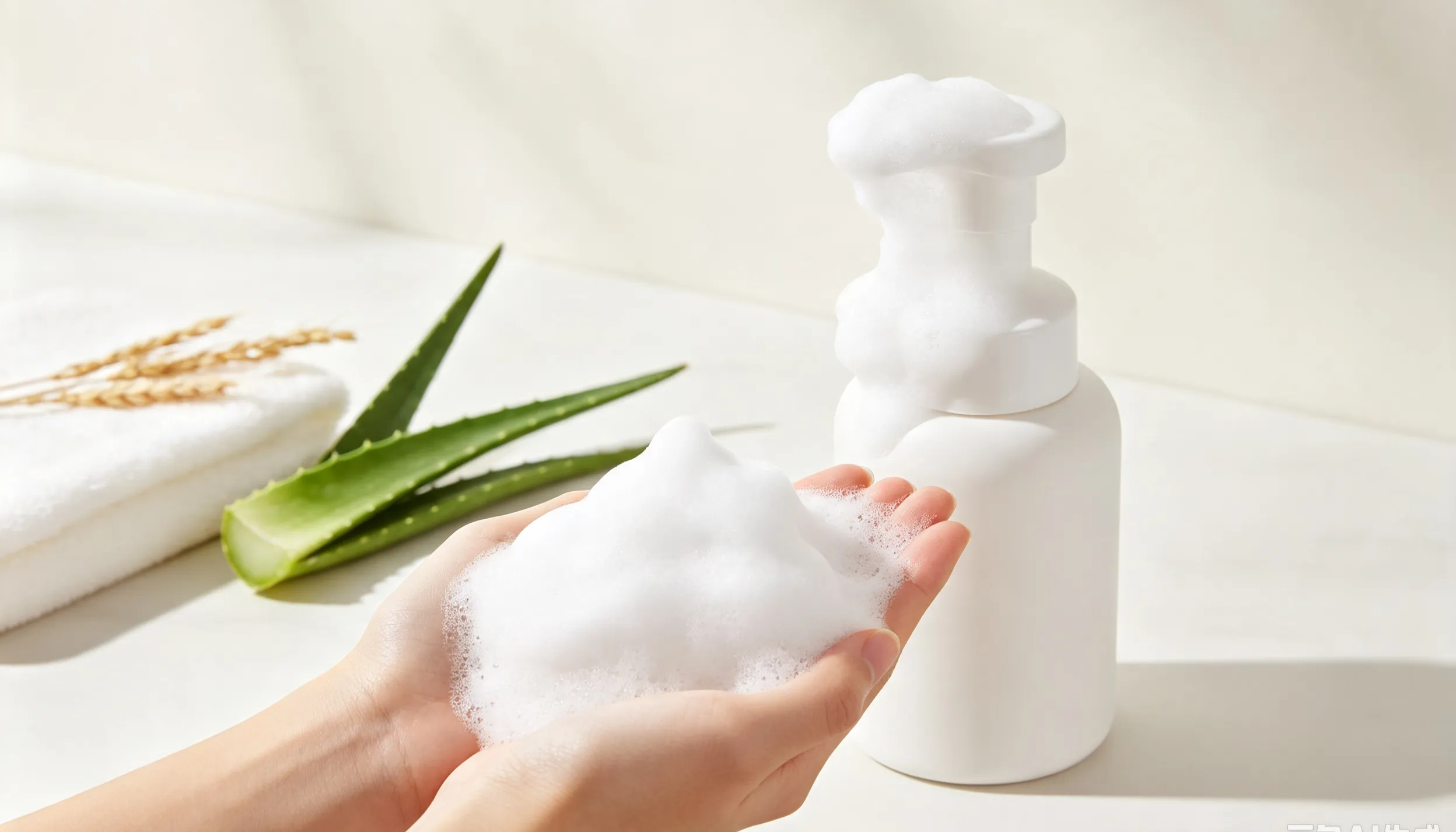 Hands holding thick white foam from a pump bottle, with aloe vera leaves and a towel on a bright surface.