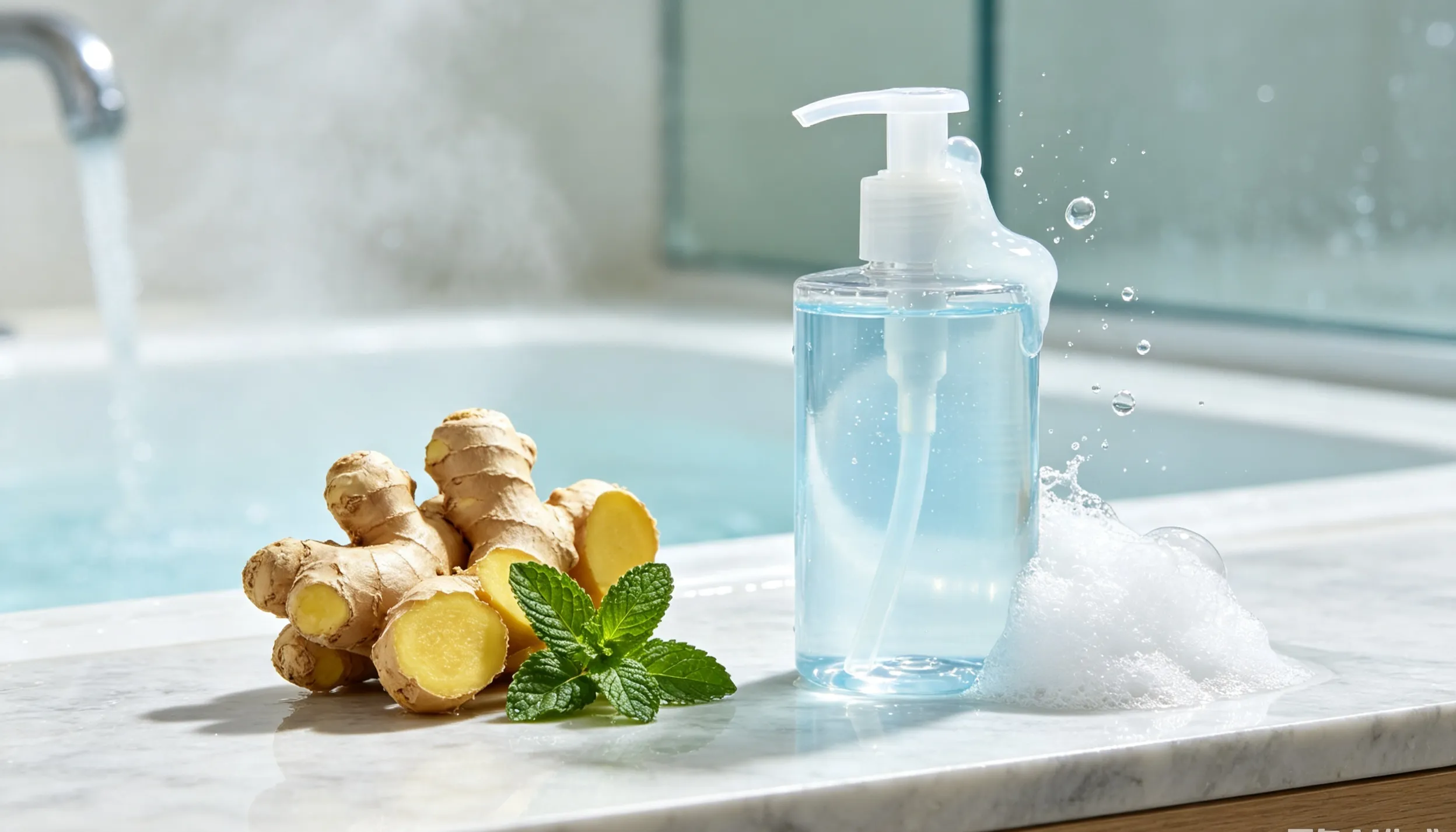 Premium ginger and mint body wash bottle on marble near a bathtub