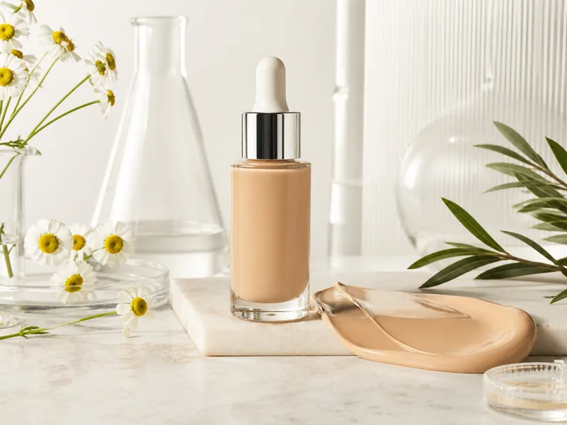 Soothing acne-safe liquid foundation with calming botanical cues