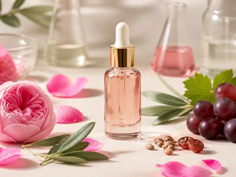 Essential oil aromatherapy body care with rose olive and grape seed elements