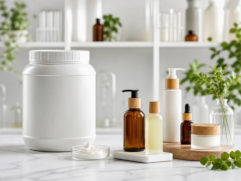 Bulk cosmetic container beside finished boutique body care bottles
