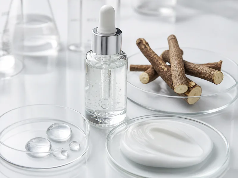 Clinical brightening serum with licorice root and soothing skincare texture