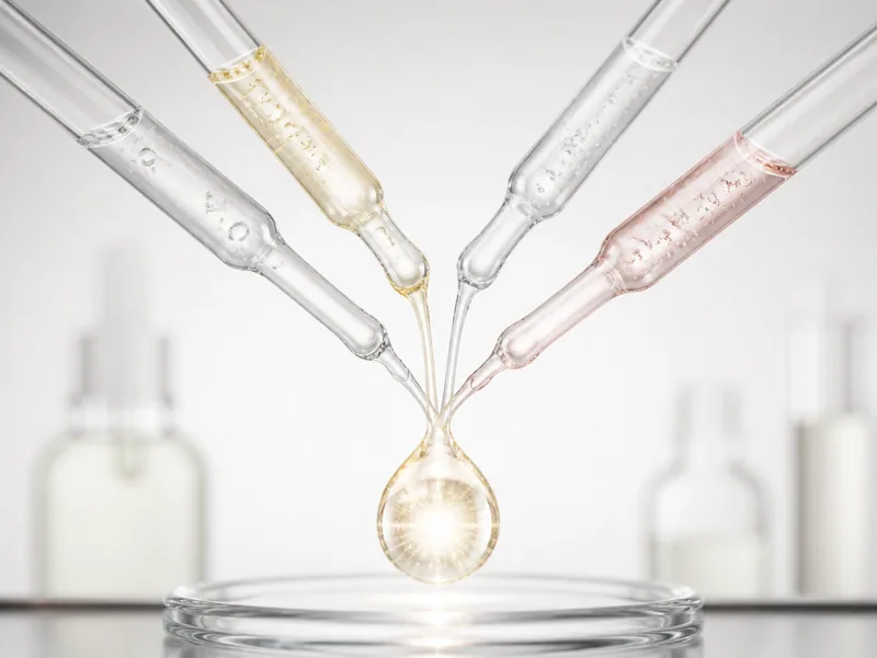 Four brightening active pathways converging into one radiant serum droplet