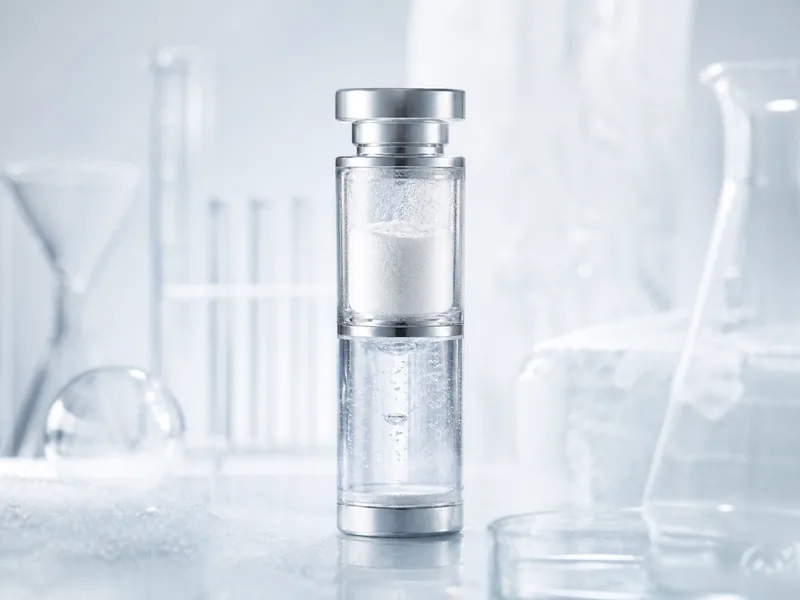 Dual-chamber cryogenic skincare vial with lyophilized powder and serum